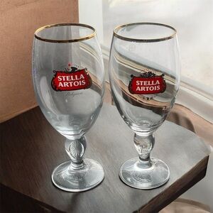 Stella Artois Belgium Long Stem Beer Glasses Set of 2 Gold Rim Etch Stem Classic